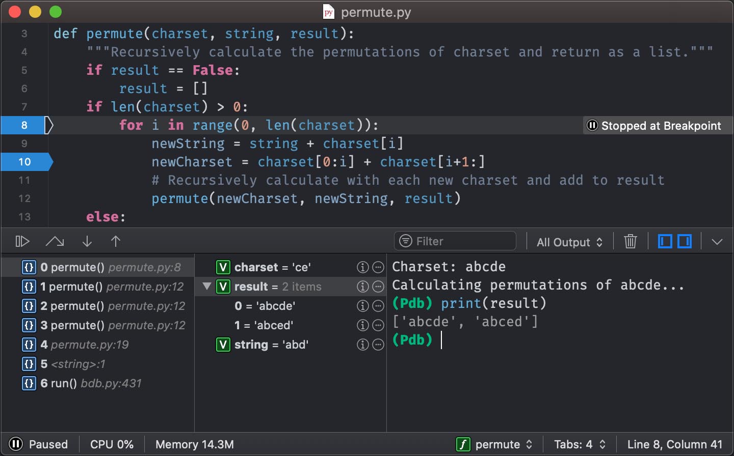 CodeRunner debugging skærmbillede