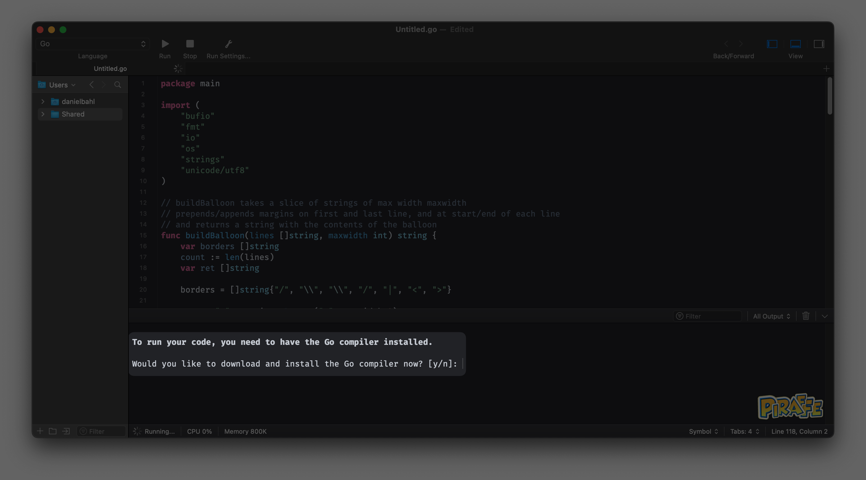 CodeRunner opsætning af Golang